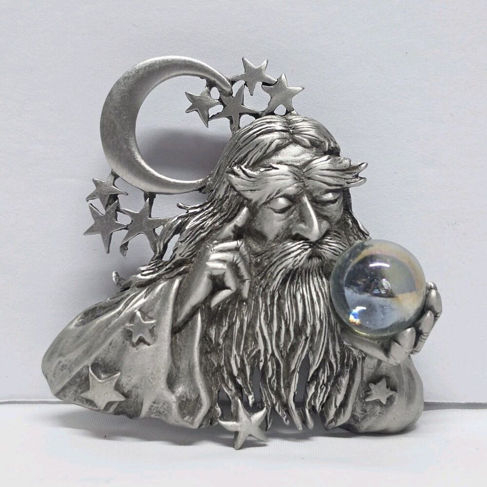 Vintage JJ Jonette Magical Wizard with Crystal Ball Brooch Pin Silver tone